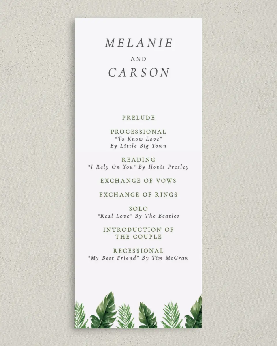 This is a 3⅝" x 8⅞" Tea-length Wedding Program called Beach Palms printed in full color on Premium Smooth paper