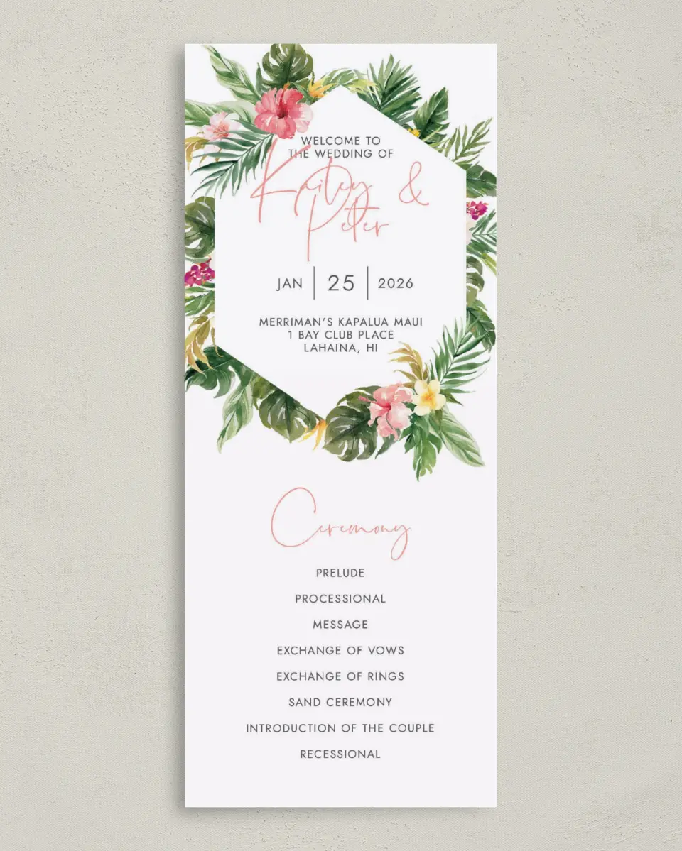 This is a 3⅝" x 8⅞" Tea-length Wedding Program called Perfect Paradise printed in full color on Premium Smooth paper
