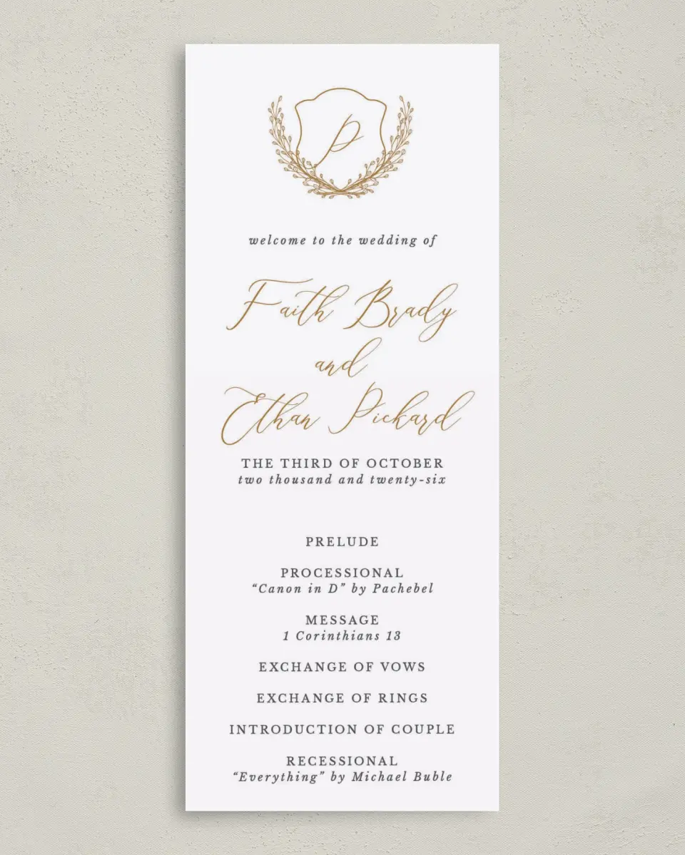This is a 3⅝" x 8⅞" Tea-length Wedding Program called Beloved Crest printed in full color on Premium Smooth paper