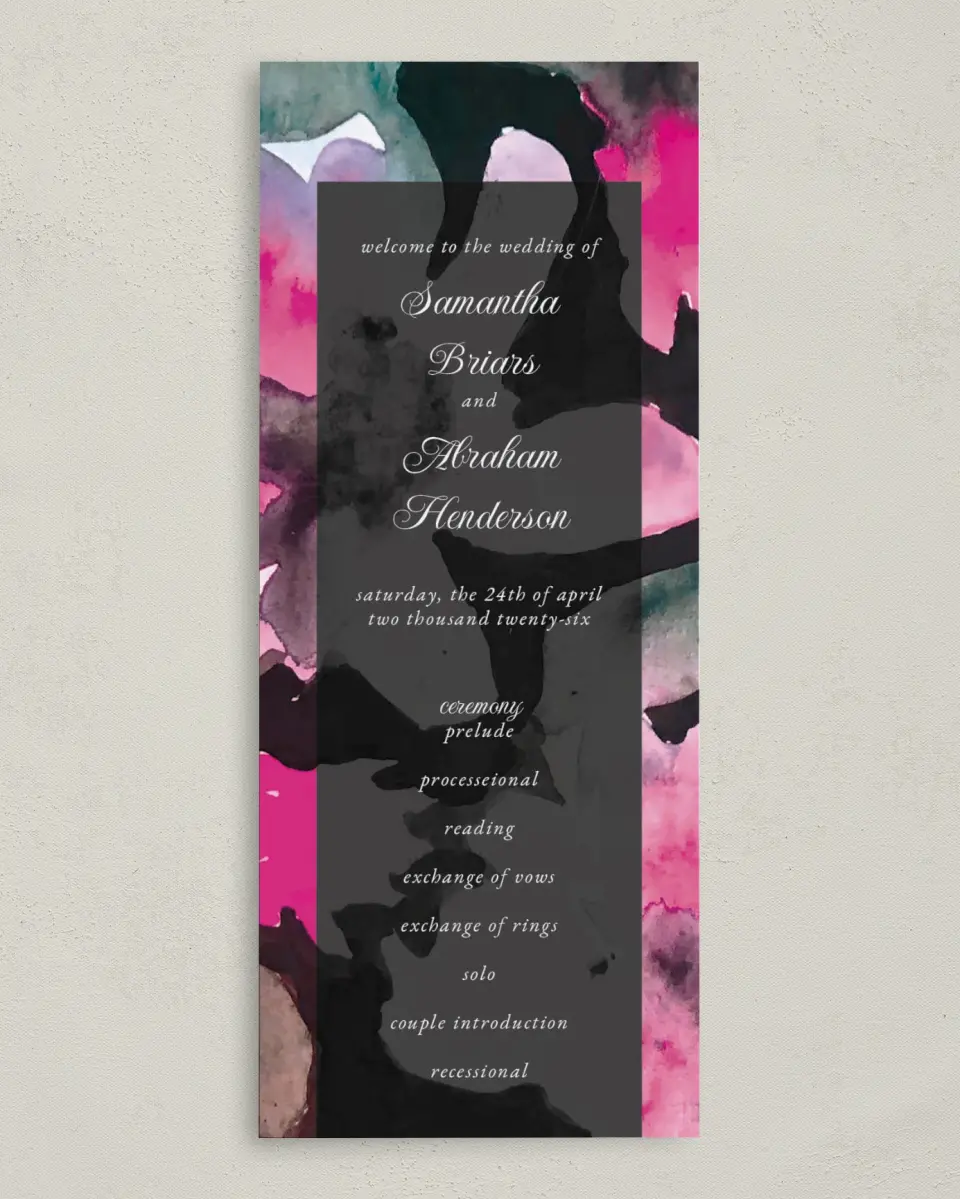 This is a 3⅝" x 8⅞" Tea-length Wedding Program called Dark Blooms printed in full color on Premium Smooth paper