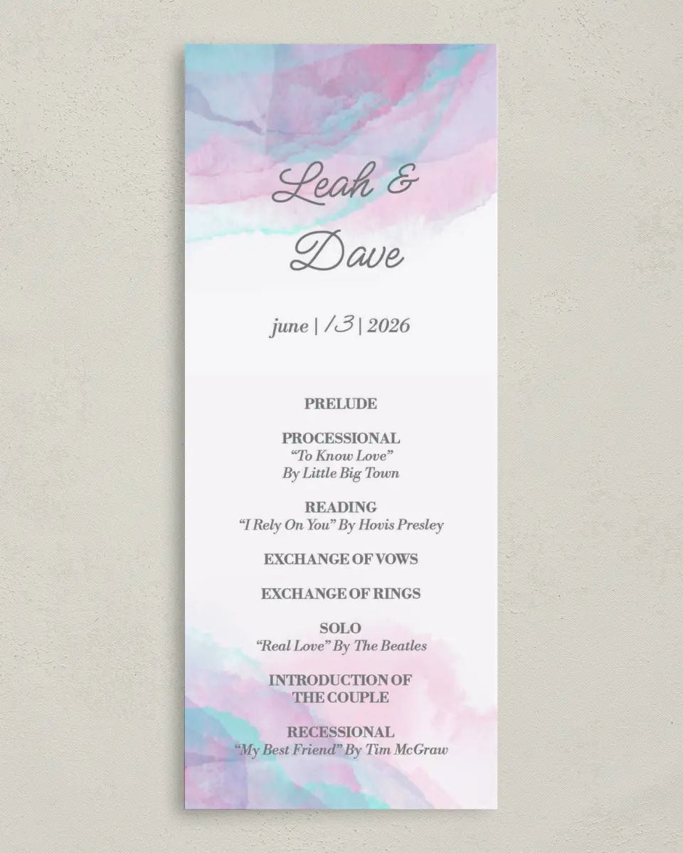 This is a 3⅝" x 8⅞" Tea-length Wedding Program called Joyful Enchantment printed in full color on Premium Smooth paper
