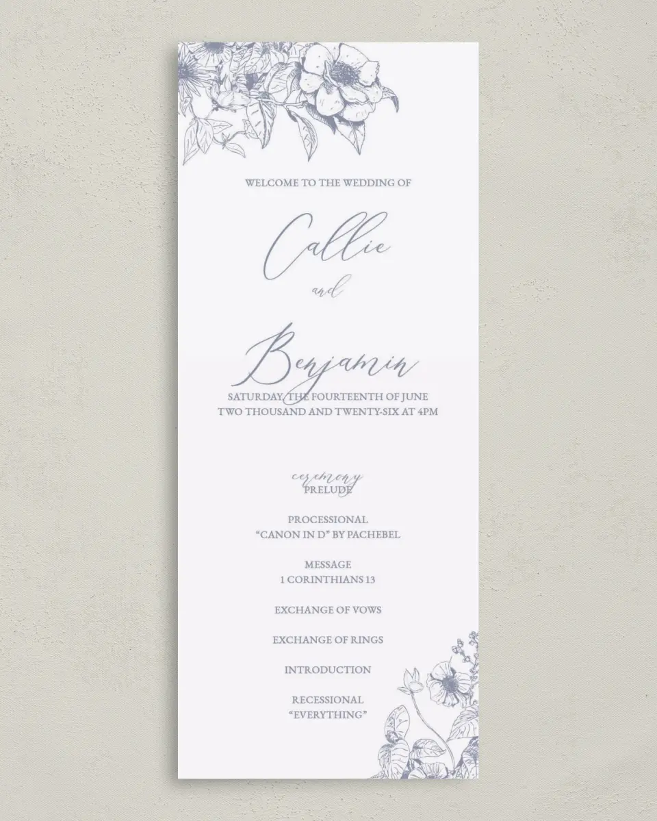 This is a 3⅝" x 8⅞" Tea-length Wedding Program called Gentle Bouquet printed in full color on Premium Smooth paper