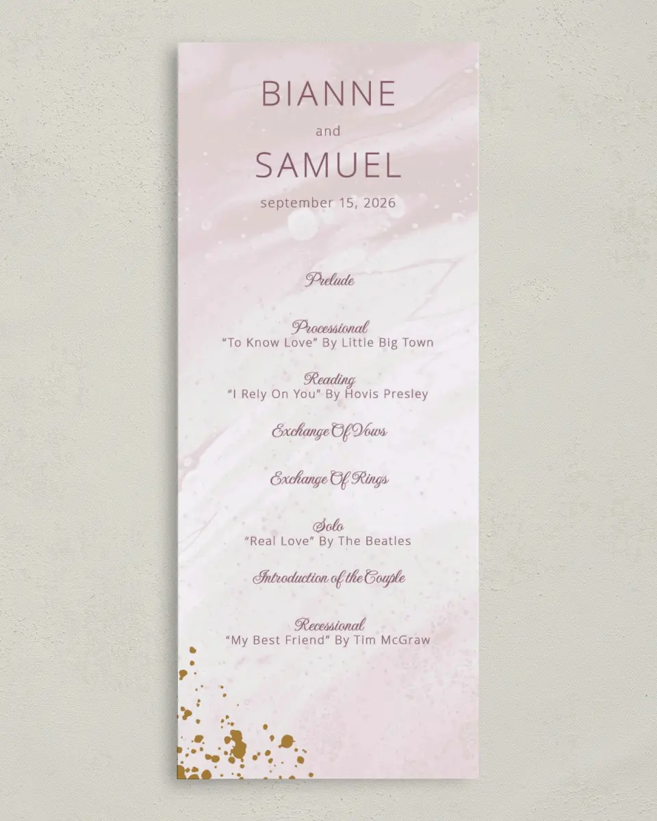 This is a 3⅝" x 8⅞" Tea-length Wedding Program called Tender Mist printed in full color on Premium Smooth paper