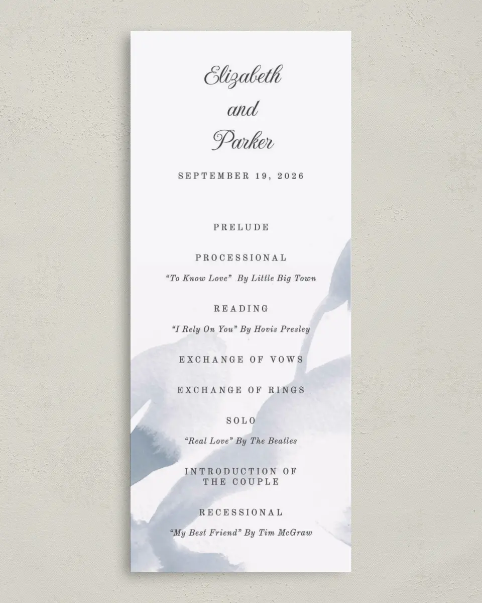 This is a 3⅝" x 8⅞" Tea-length Wedding Program called Painted Majesty printed in full color with Gold foil on Luxe Satin (coated) paper