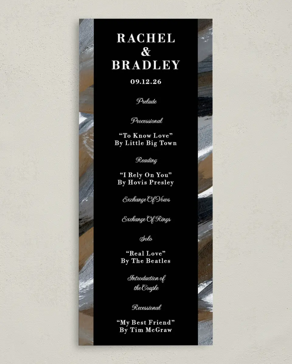 This is a 3⅝" x 8⅞" Tea-length Wedding Program called Moody Swashes printed in full color on Premium Smooth paper