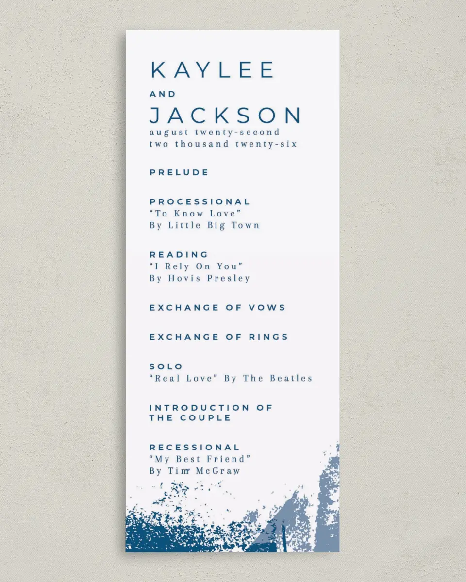 This is a 3⅝" x 8⅞" Tea-length Wedding Program called Set in Stone printed in full color on Premium Smooth paper