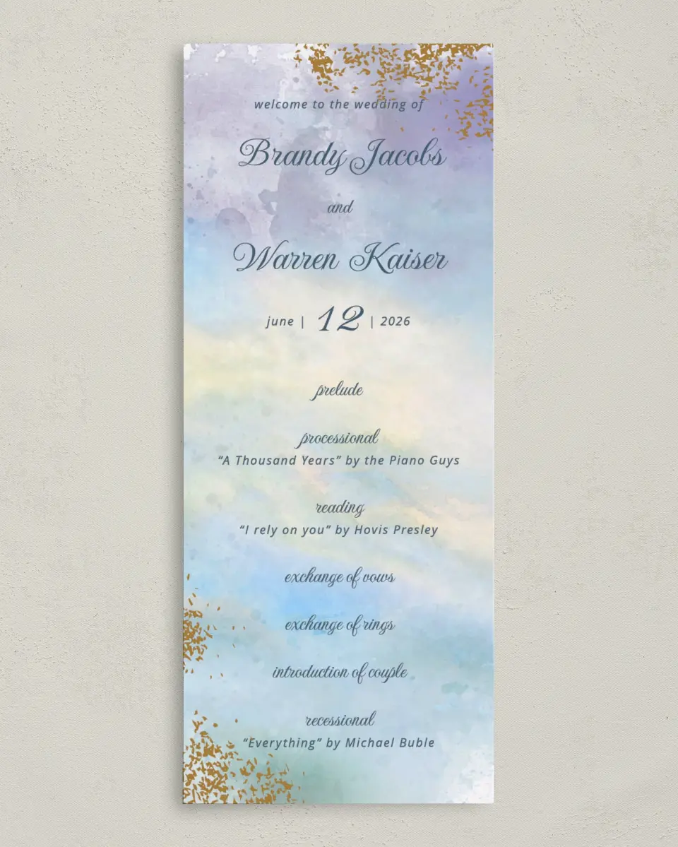 This is a 3⅝" x 8⅞" Tea-length Wedding Program called Dreamy Sky printed in full color on Premium Smooth paper