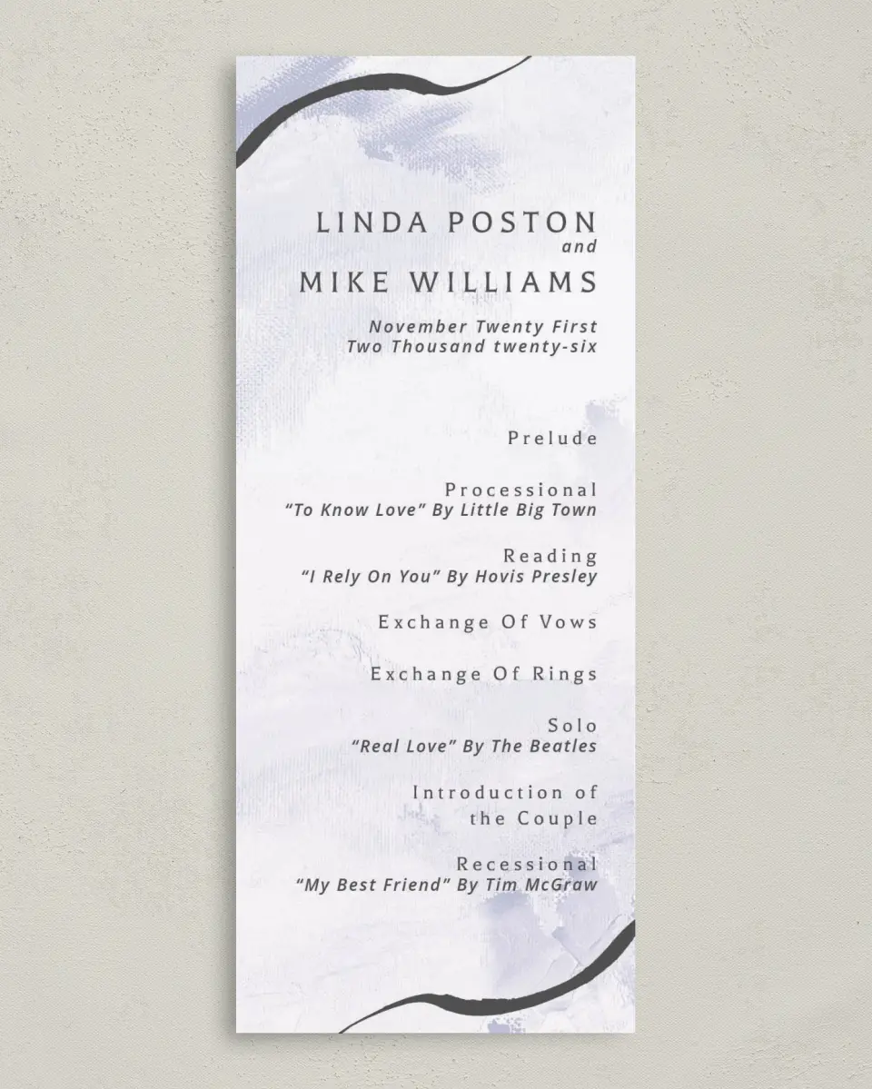 This is a 3⅝" x 8⅞" Tea-length Wedding Program called Gilded Marble printed in full color on Premium Smooth paper