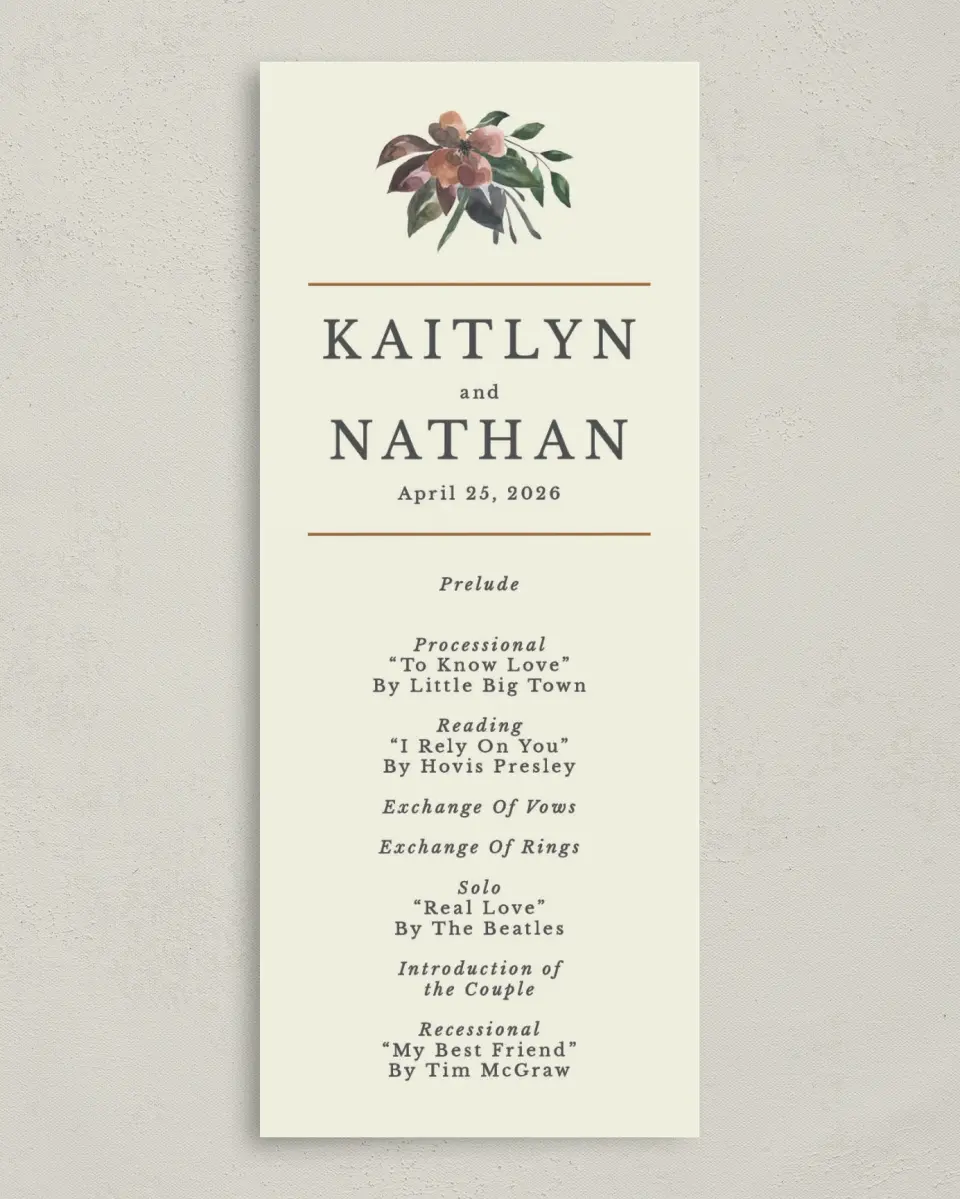 This is a 3⅝" x 8⅞" Tea-length Wedding Program called Golden Blooms printed in full color on Premium Smooth paper