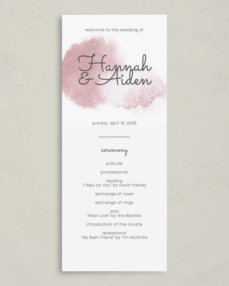 This is a 3⅝" x 8⅞" Tea-length Wedding Program called Watercolor Rapture printed in full color on Premium Smooth paper
