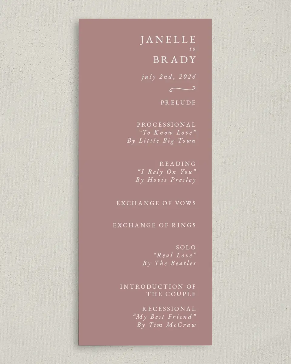 This is a 3⅝" x 8⅞" Tea-length Wedding Program called Modern Whisper printed in full color on Premium Smooth paper