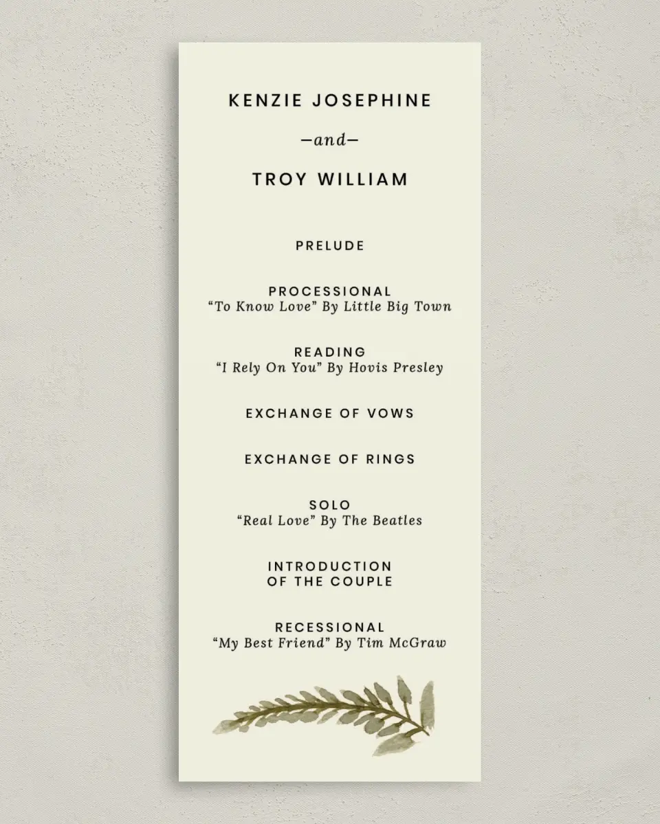 This is a 3⅝" x 8⅞" Tea-length Wedding Program called Faintly Fall printed in full color with Rose Gold foil on Luxe Satin (coated) paper