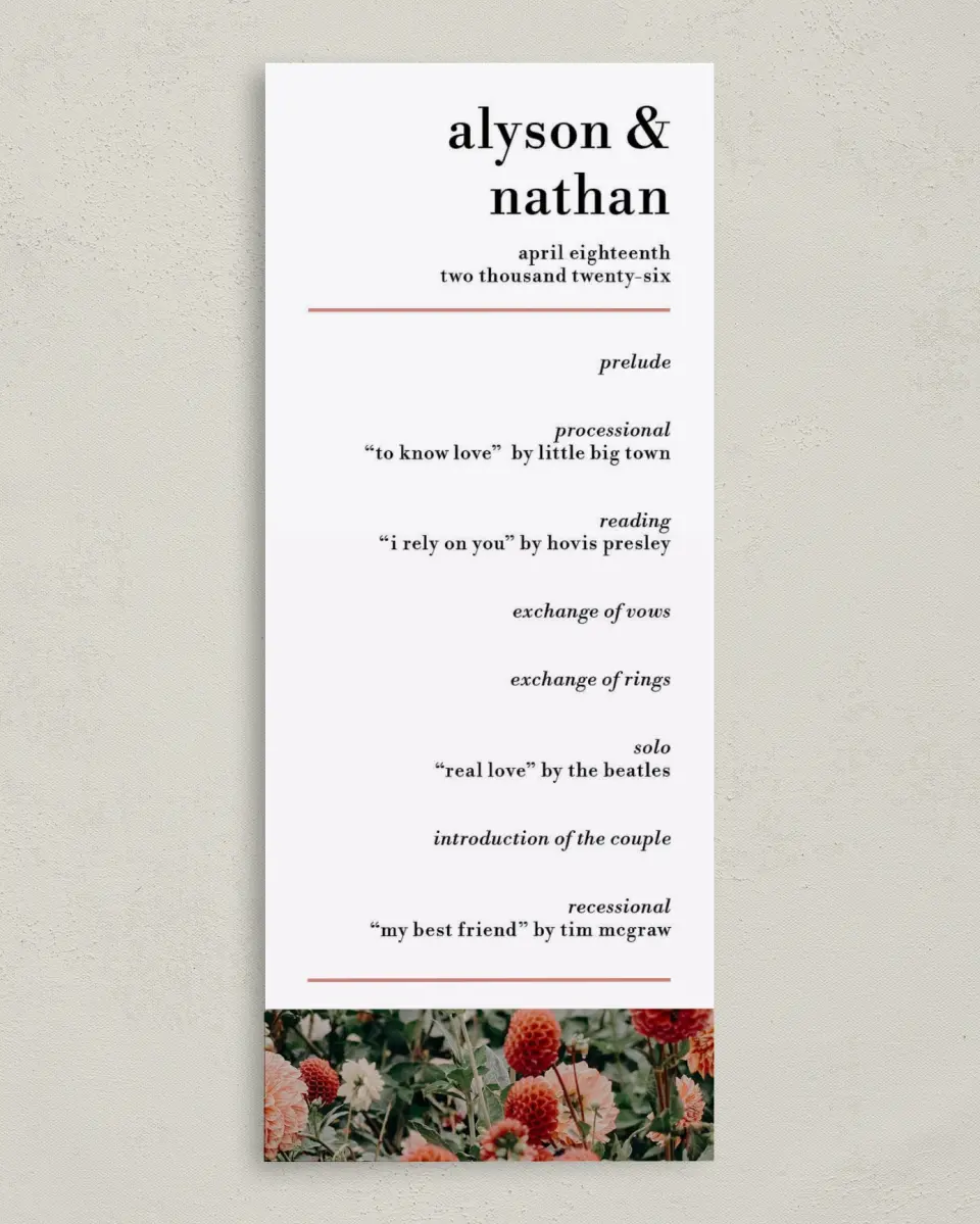 This is a 3⅝" x 8⅞" Tea-length Wedding Program called Dreamy Meadows printed in full color on Premium Smooth paper