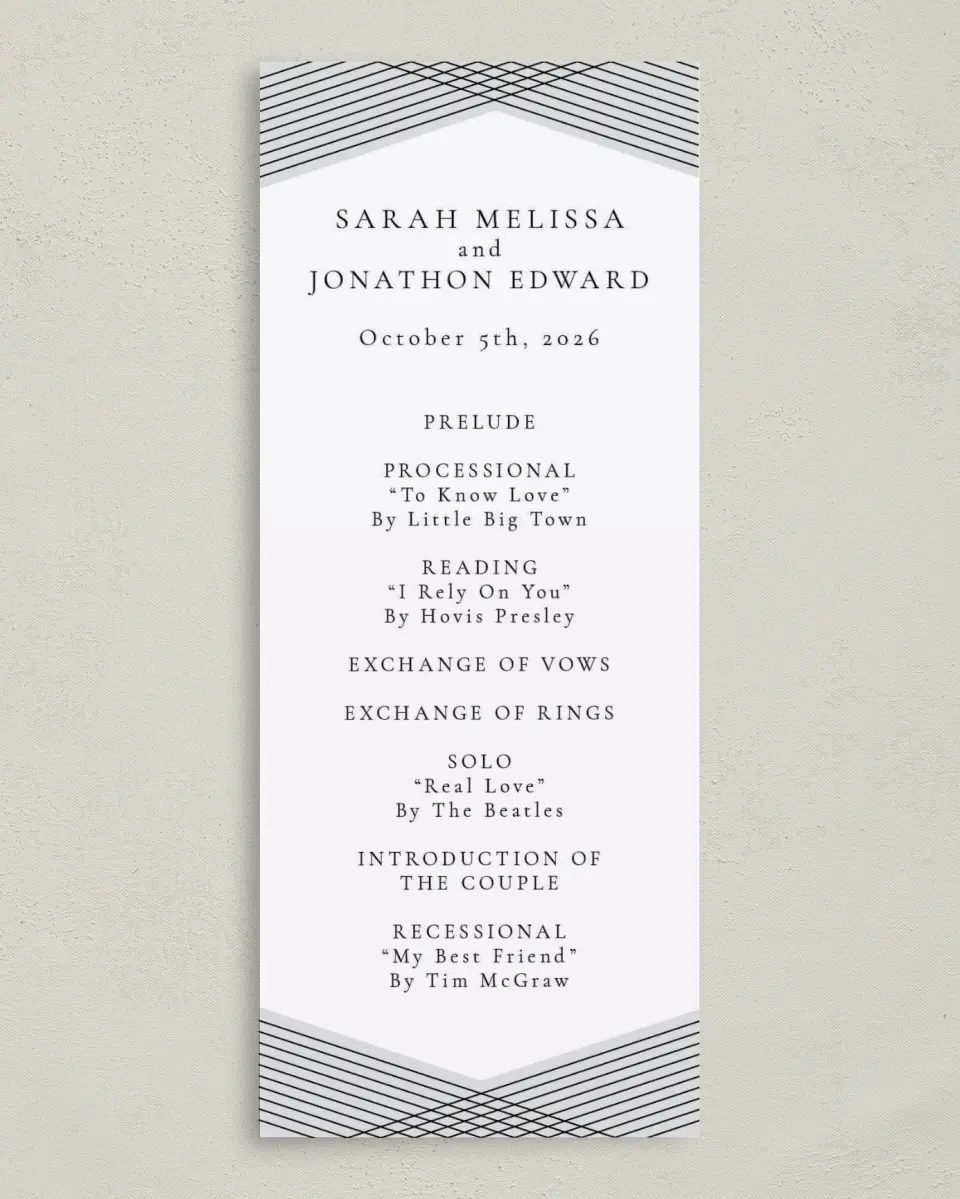 This is a 3⅝" x 8⅞" Tea-length Wedding Program called Dearest Lines printed in full color on Premium Smooth paper