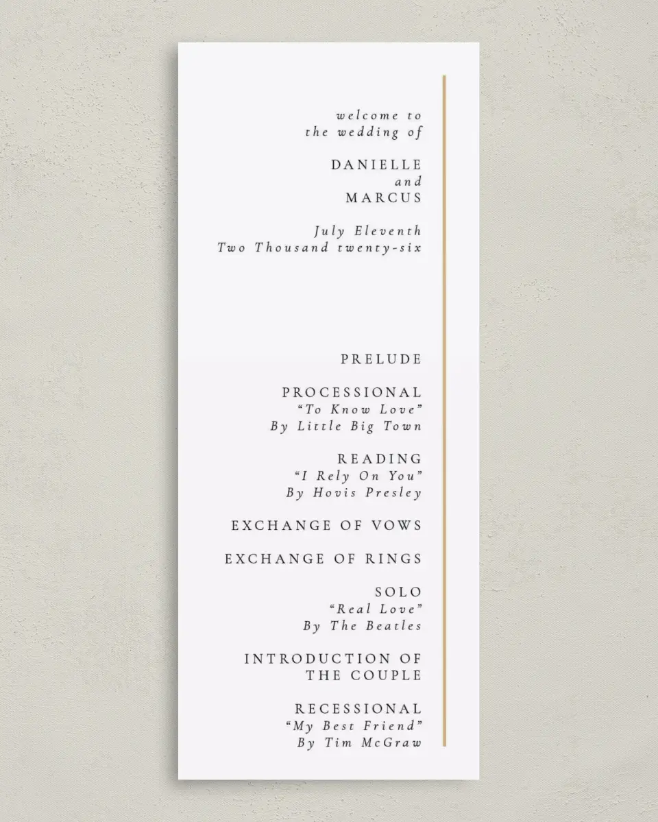 This is a 3⅝" x 8⅞" Tea-length Wedding Program called Laughing Hearts printed in full color on Premium Smooth paper