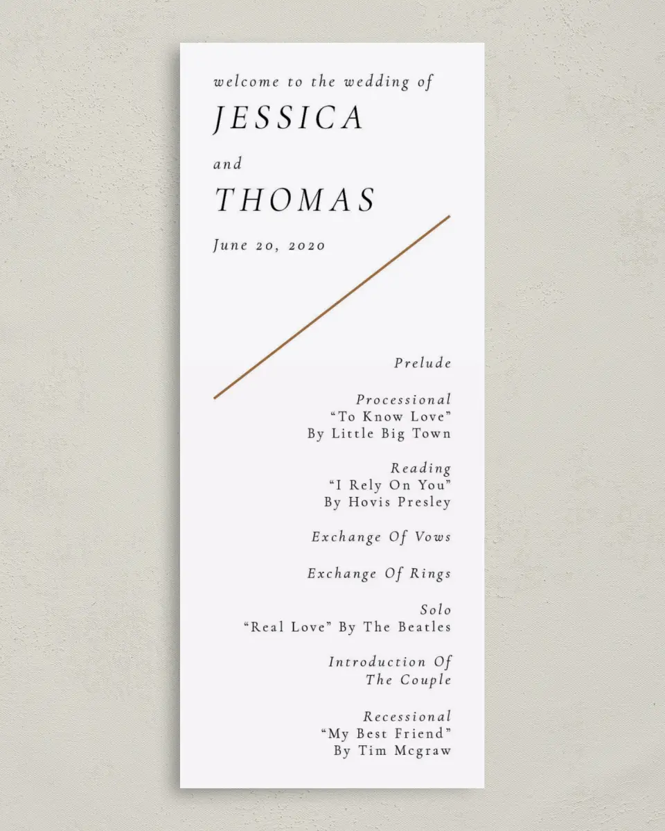 This is a 3⅝" x 8⅞" Tea-length Wedding Program called Sneek Peek printed in full color on Premium Smooth paper