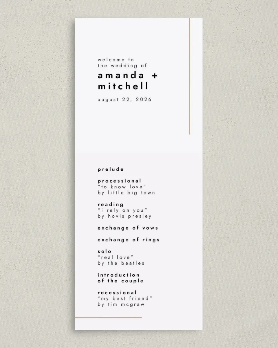 This is a 3⅝" x 8⅞" Tea-length Wedding Program called The Proposal printed in full color on Premium Smooth paper