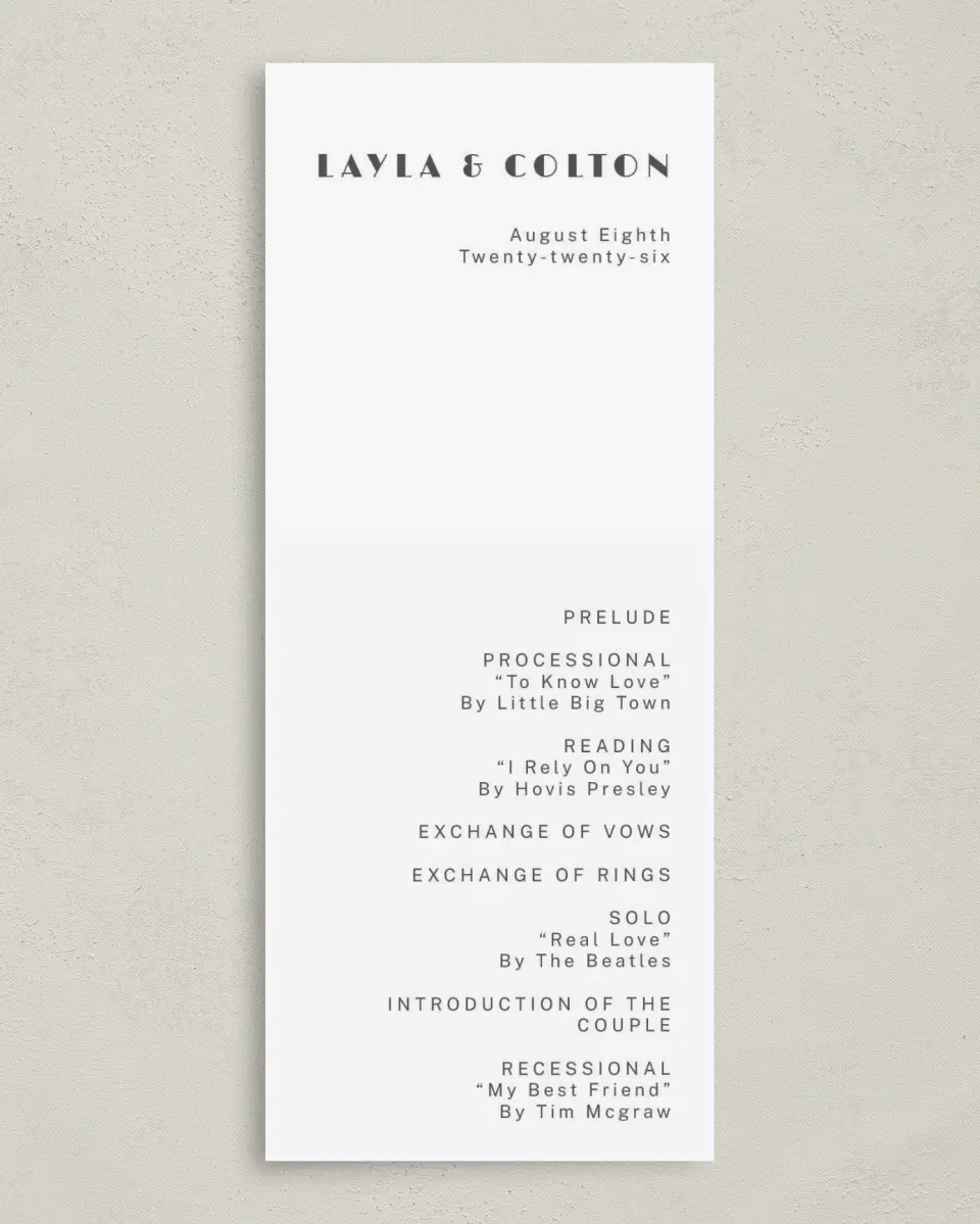 This is a 3⅝" x 8⅞" Tea-length Wedding Program called Boldy Forward printed in full color on Premium Smooth paper