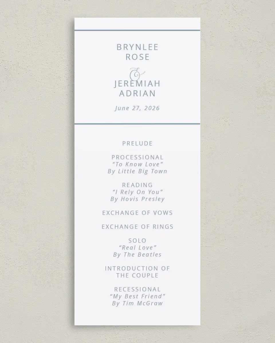 This is a 3⅝" x 8⅞" Tea-length Wedding Program called Simple Embrace printed in full color on Premium Smooth paper