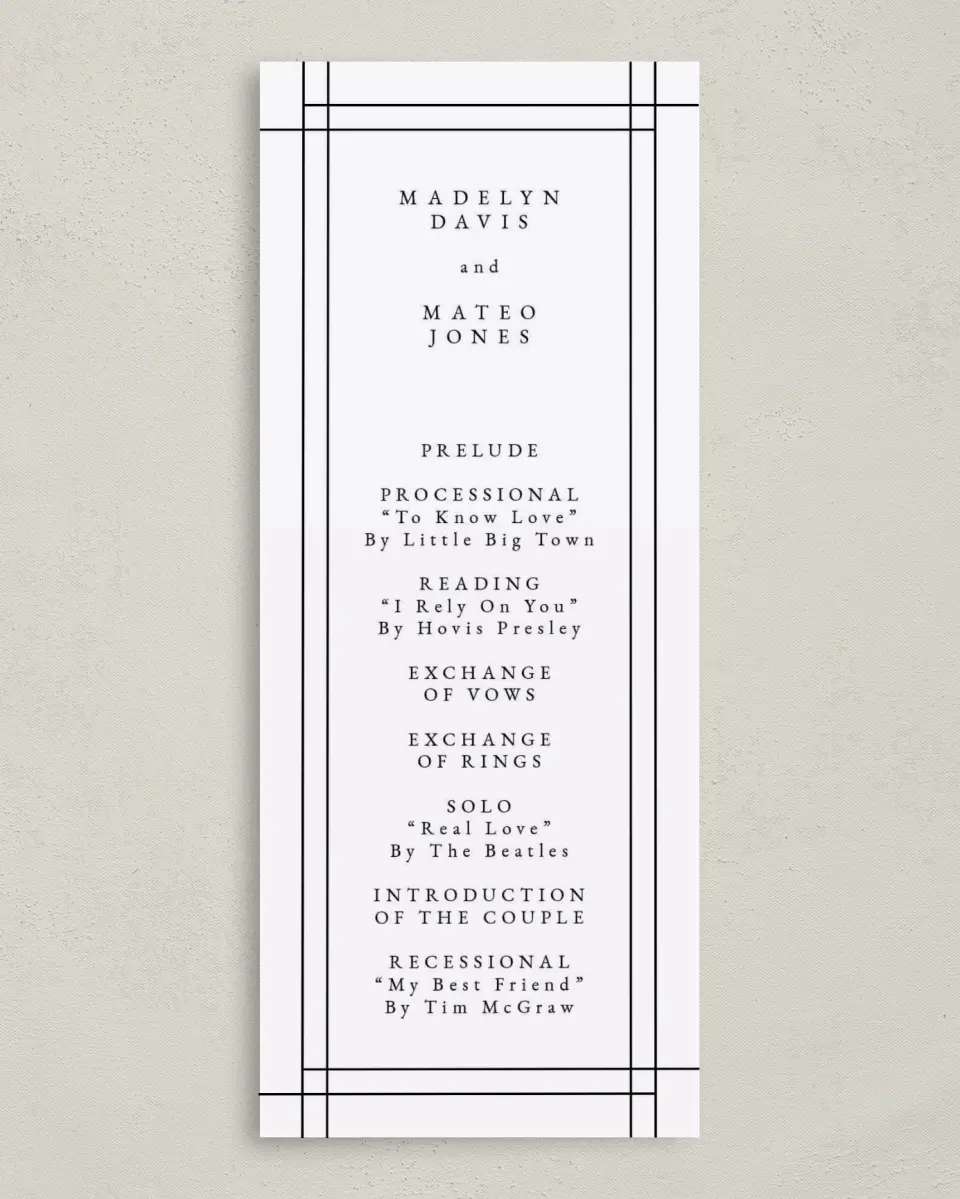 This is a 3⅝" x 8⅞" Tea-length Wedding Program called Adorable Duo printed in full color on Premium Smooth paper