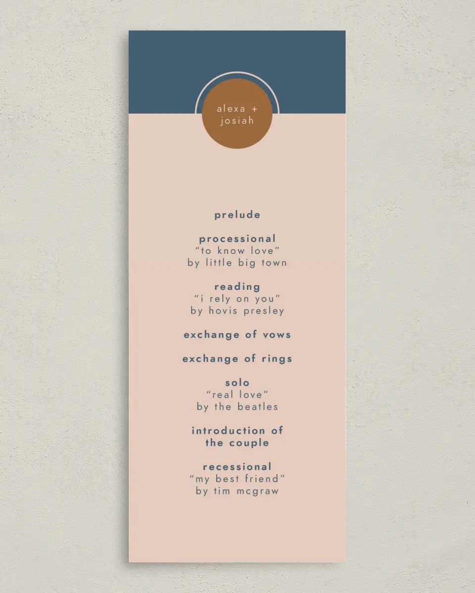 This is a 3⅝" x 8⅞" Tea-length Wedding Program called Our Beginning printed in full color on Premium Smooth paper