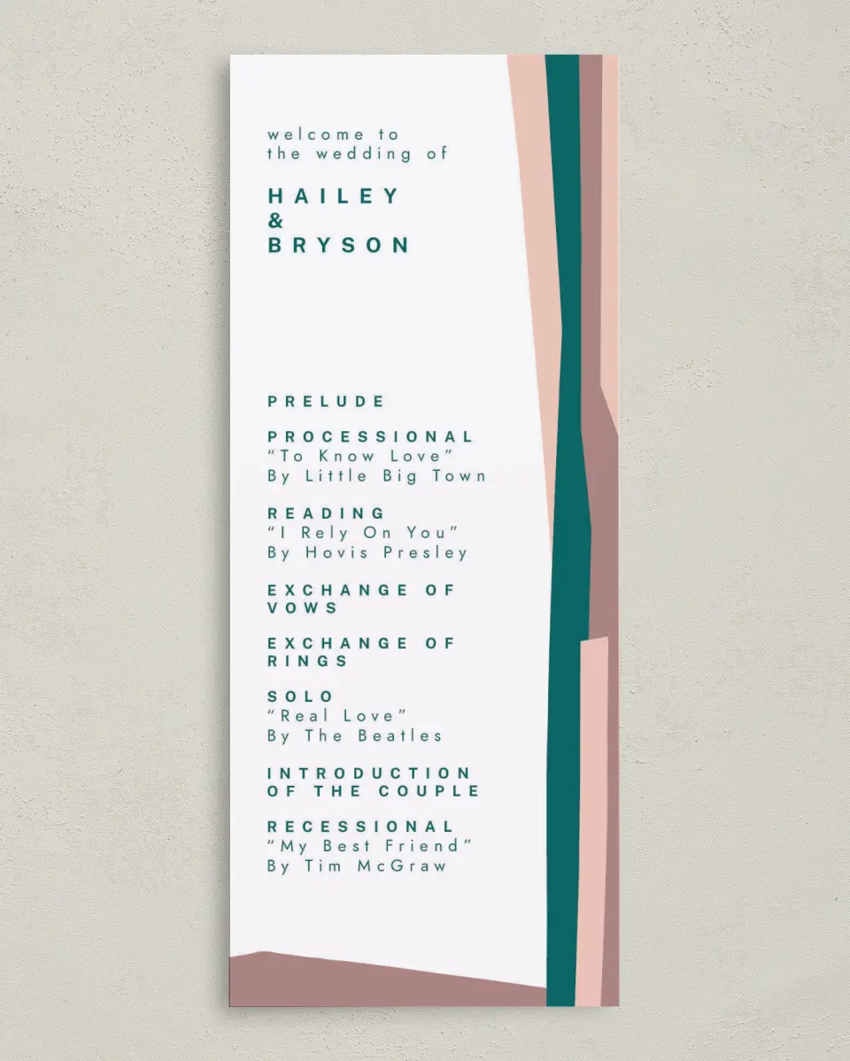 This is a 3⅝" x 8⅞" Tea-length Wedding Program called Shaped Love printed in full color on Premium Smooth paper