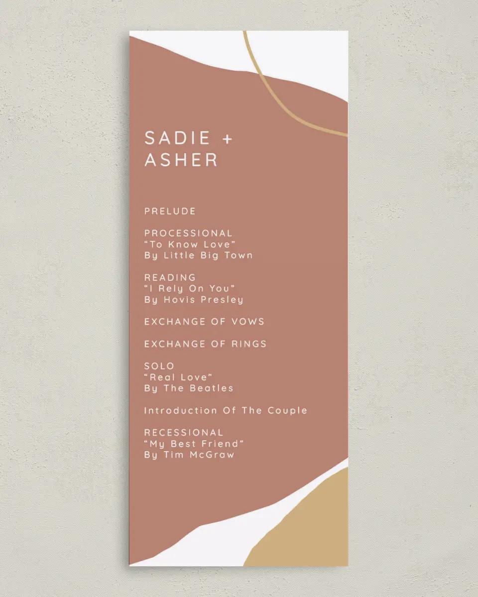 This is a 3⅝" x 8⅞" Tea-length Wedding Program called Contemporary Bubbles printed in full color on Premium Smooth paper