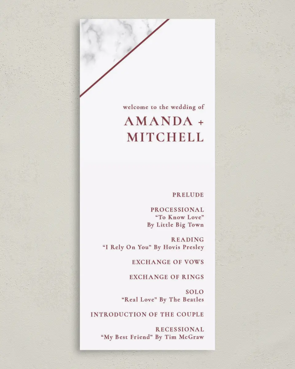 This is a 3⅝" x 8⅞" Tea-length Wedding Program called Bold Banner printed in full color on Premium Smooth paper