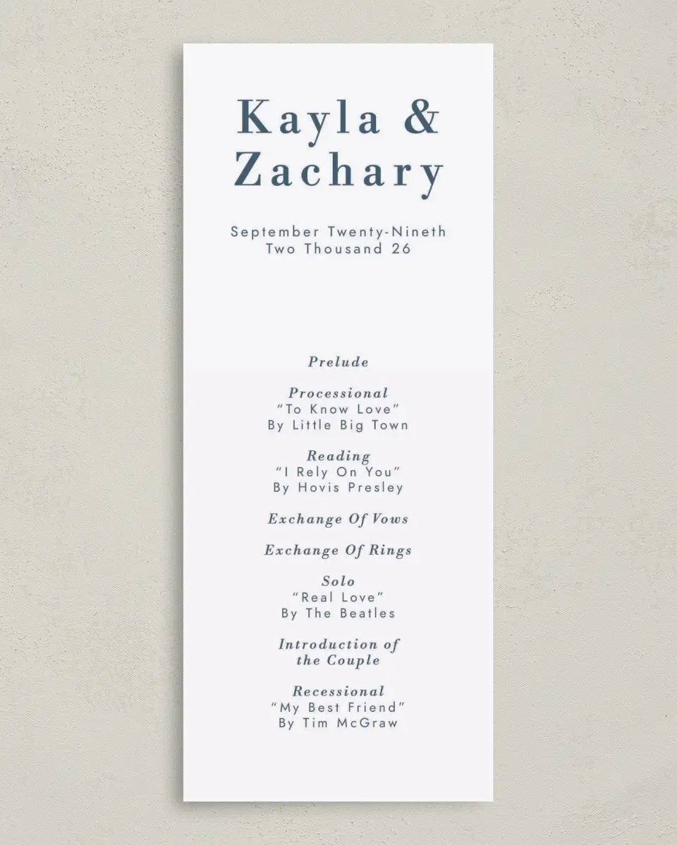 This is a 3⅝" x 8⅞" Tea-length Wedding Program called Perfect Picture printed in full color on Premium Smooth paper