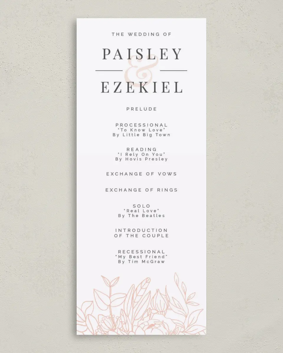 This is a 3⅝" x 8⅞" Tea-length Wedding Program called Floral Outline printed in full color on Premium Smooth paper