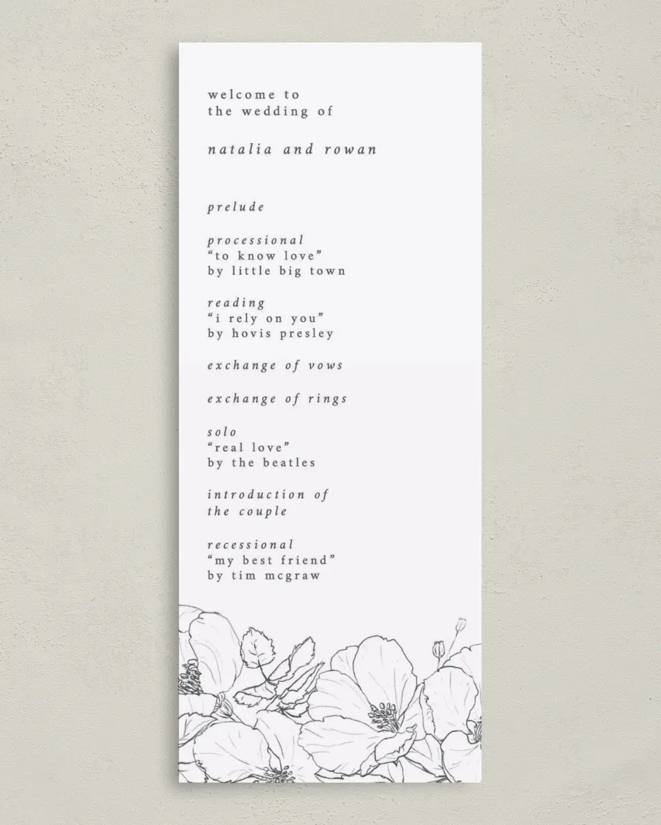This is a 3⅝" x 8⅞" Tea-length Wedding Program called Hibiscus Hideaway printed in full color on Premium Smooth paper