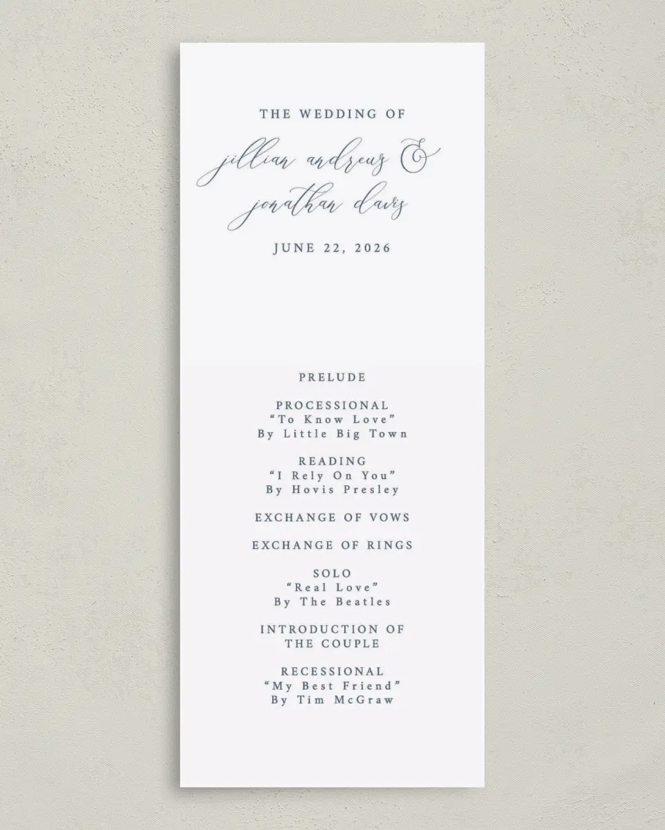 This is a 3⅝" x 8⅞" Tea-length Wedding Program called Floral Sketch printed in full color on Premium Smooth paper