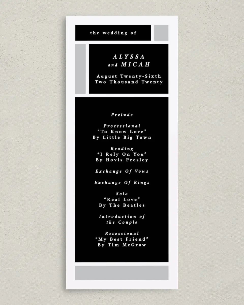 This is a 3⅝" x 8⅞" Tea-length Wedding Program called Framed Boxes printed in full color with Gold foil on Luxe Satin (coated) paper