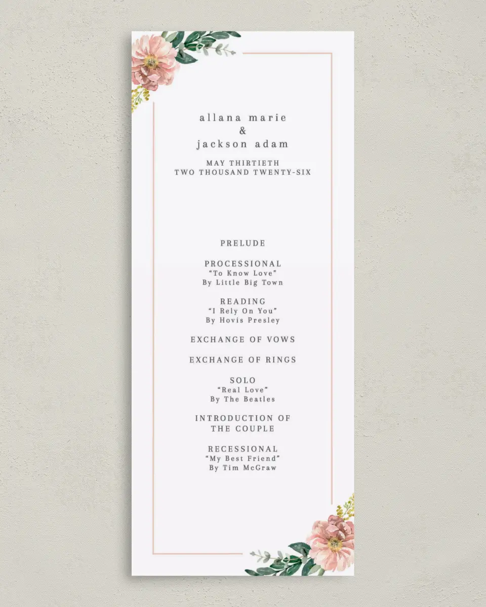 This is a 3⅝" x 8⅞" Tea-length Wedding Program called Delicate Florals printed in full color on Premium Smooth paper