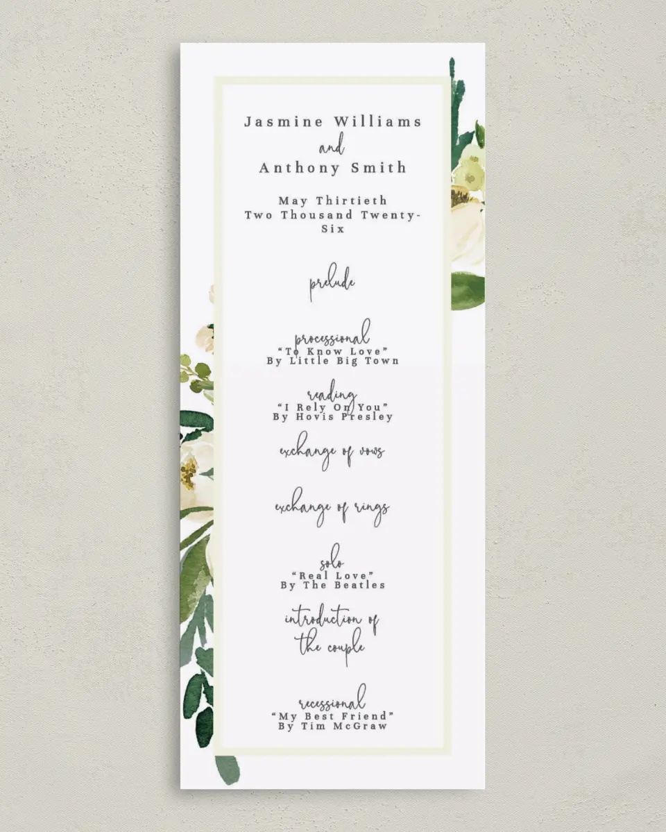 This is a 3⅝" x 8⅞" Tea-length Wedding Program called Wedding Florals printed in full color on Premium Smooth paper