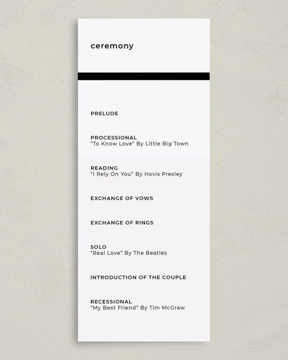 This is a 3⅝" x 8⅞" Tea-length Wedding Program called Bold Heading printed in full color on Premium Smooth paper