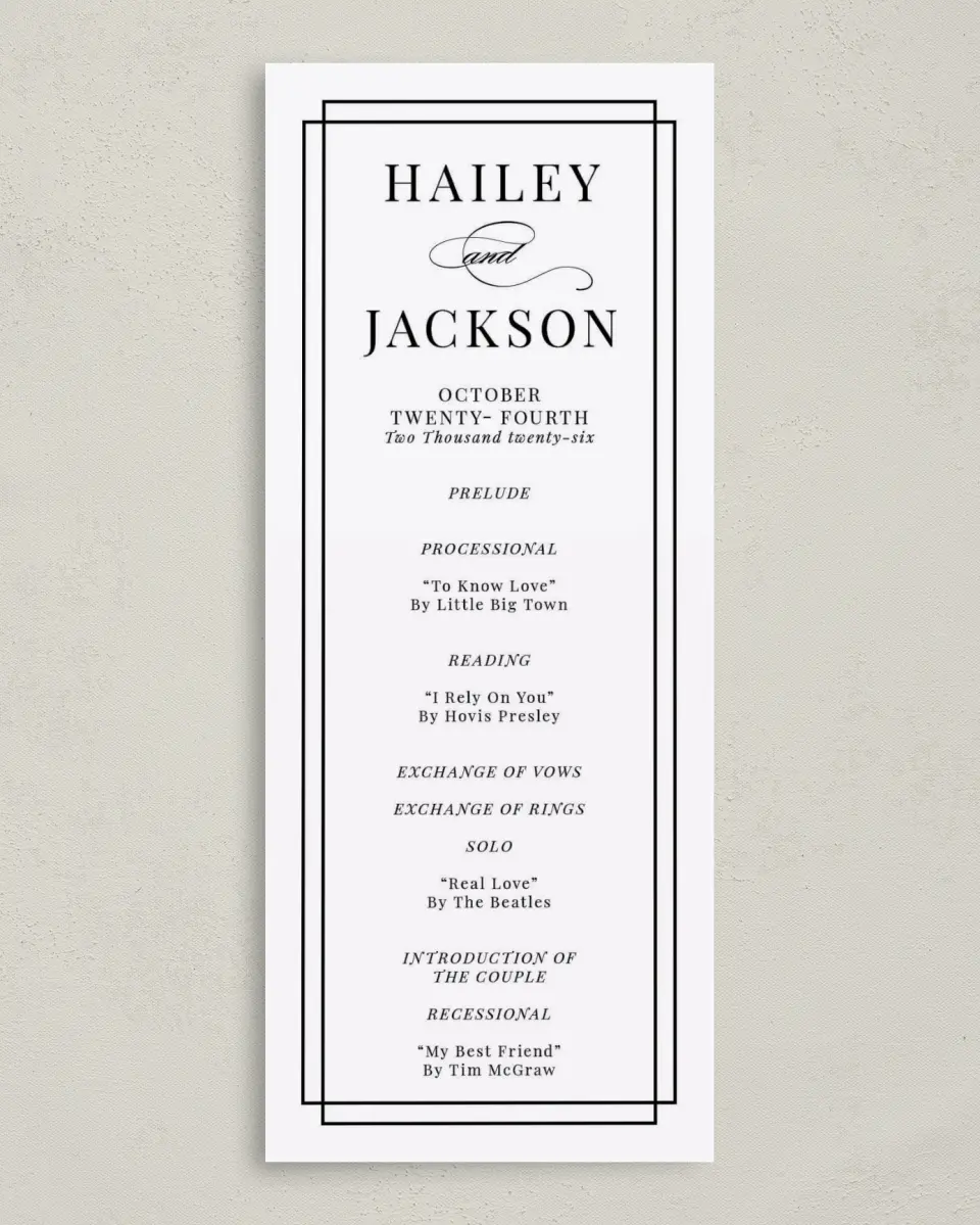 This is a 3⅝" x 8⅞" Tea-length Wedding Program called Because You're Mine printed in full color with Gold foil on Luxe Satin (coated) paper