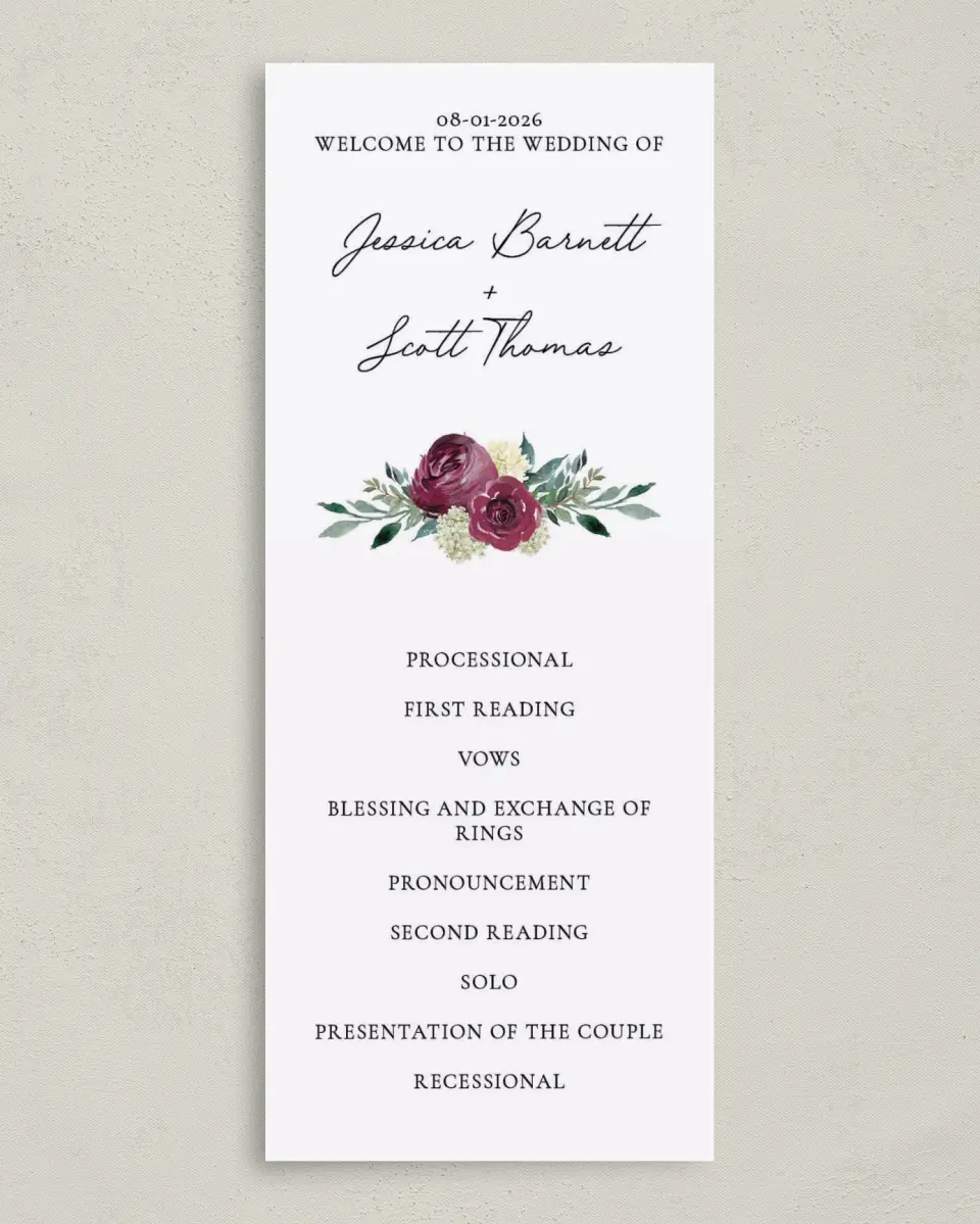 This is a 3⅝" x 8⅞" Tea-length Wedding Program called Floral Touch printed in full color on Premium Smooth paper