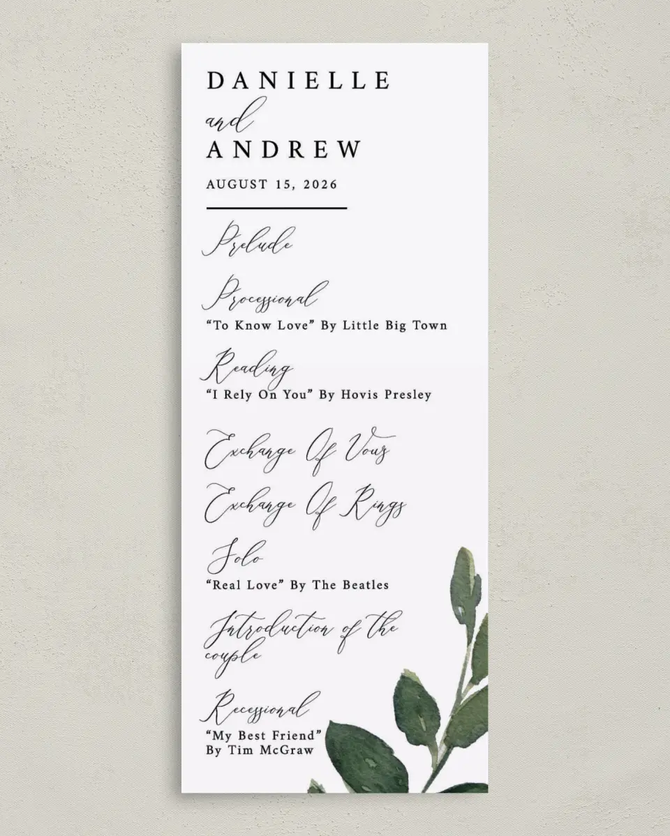 This is a 3⅝" x 8⅞" Tea-length Wedding Program called All for Love printed in full color on Premium Smooth paper