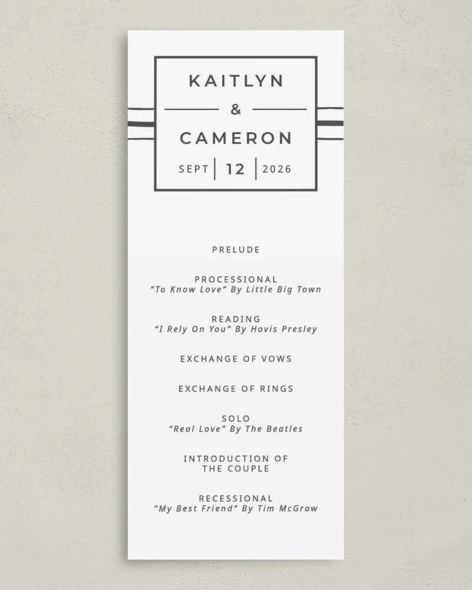 This is a 3⅝" x 8⅞" Tea-length Wedding Program called Love on the Line printed in full color on Premium Smooth paper