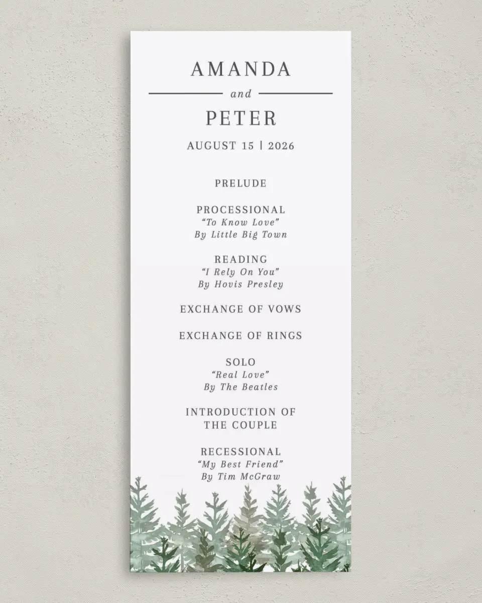 This is a 3⅝" x 8⅞" Tea-length Wedding Program called Ethereal Evergreens printed in full color on Premium Smooth paper
