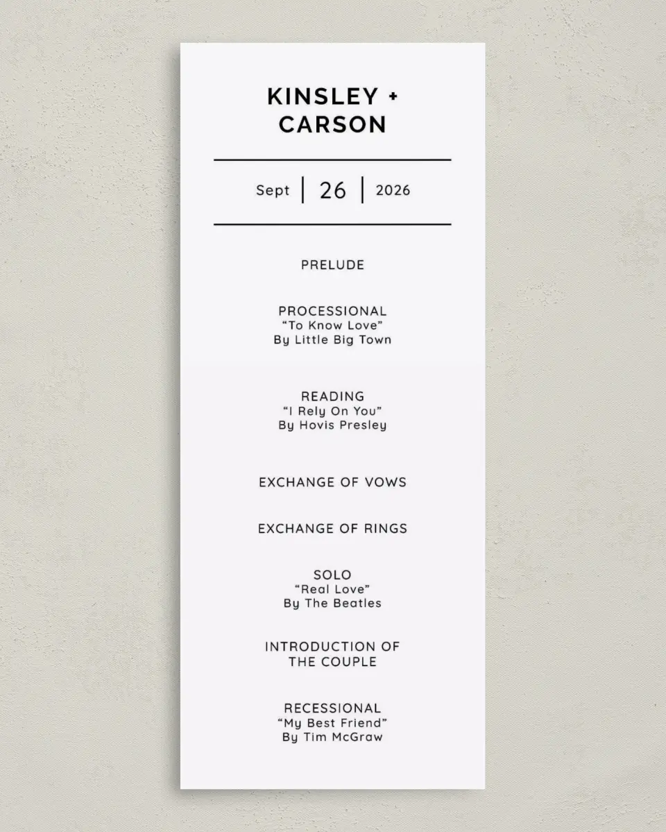 This is a 3⅝" x 8⅞" Tea-length Wedding Program called Mountain Romance printed in full color on Premium Smooth paper