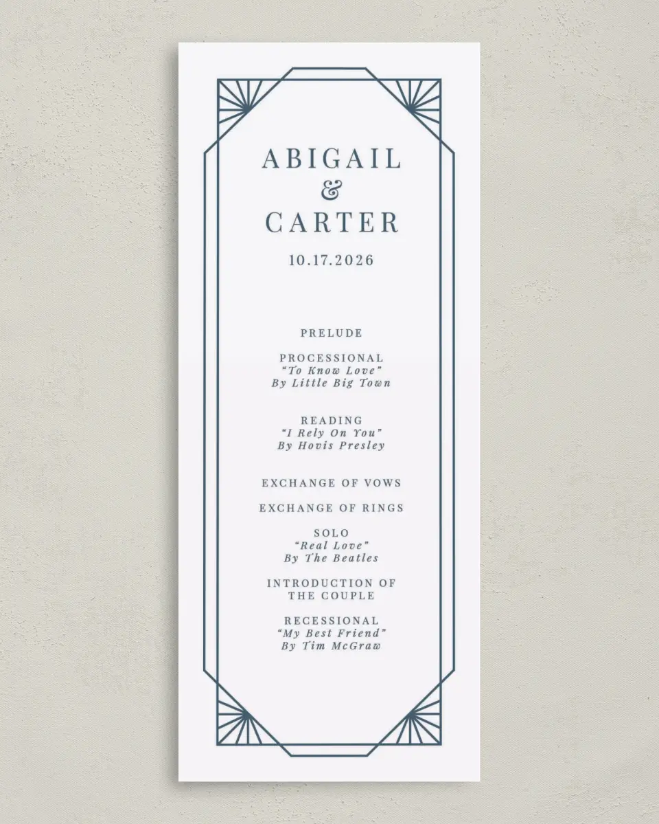 This is a 3⅝" x 8⅞" Tea-length Wedding Program called Mod Deco printed in full color on Premium Smooth paper