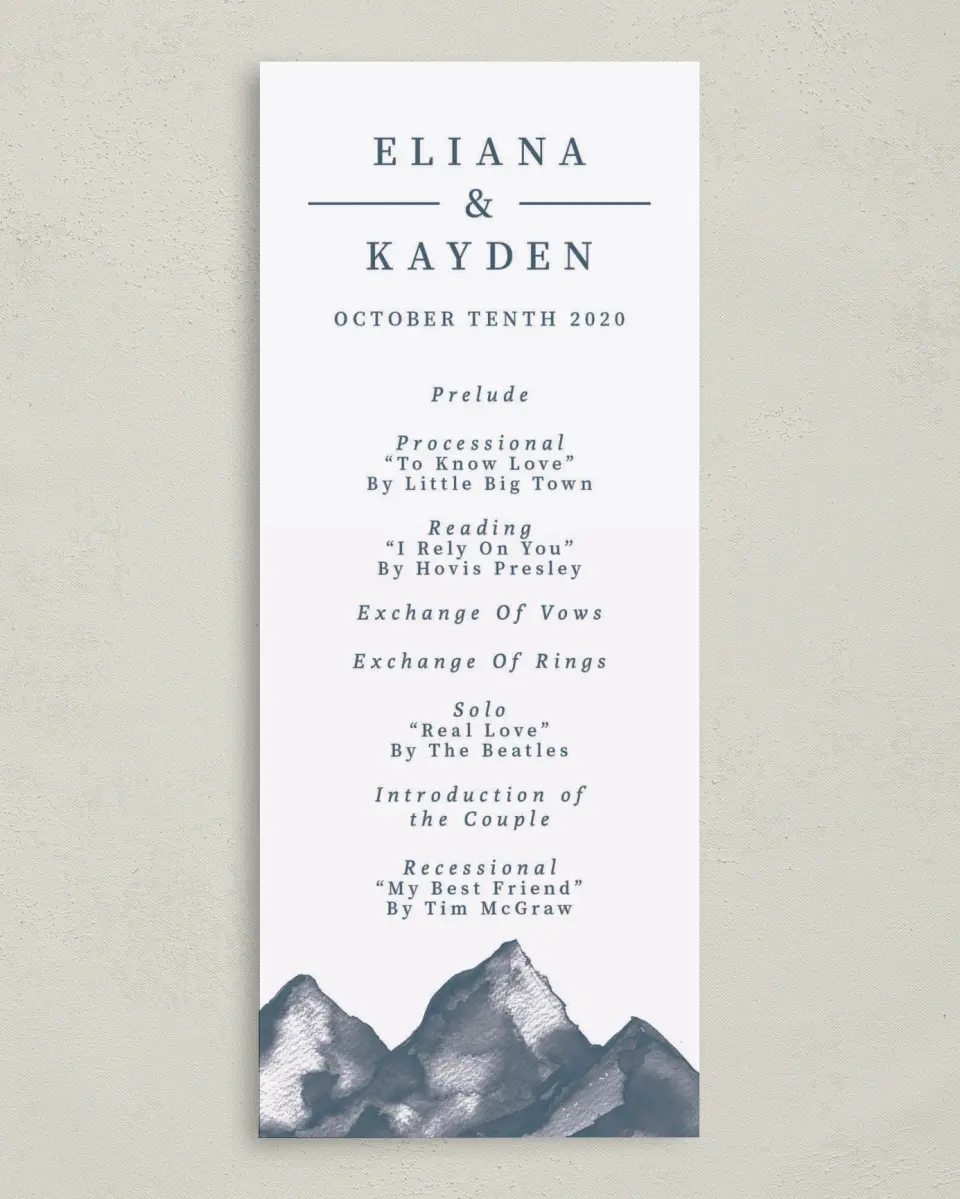 This is a 3⅝" x 8⅞" Tea-length Wedding Program called Perfect Peak printed in full color on Premium Smooth paper