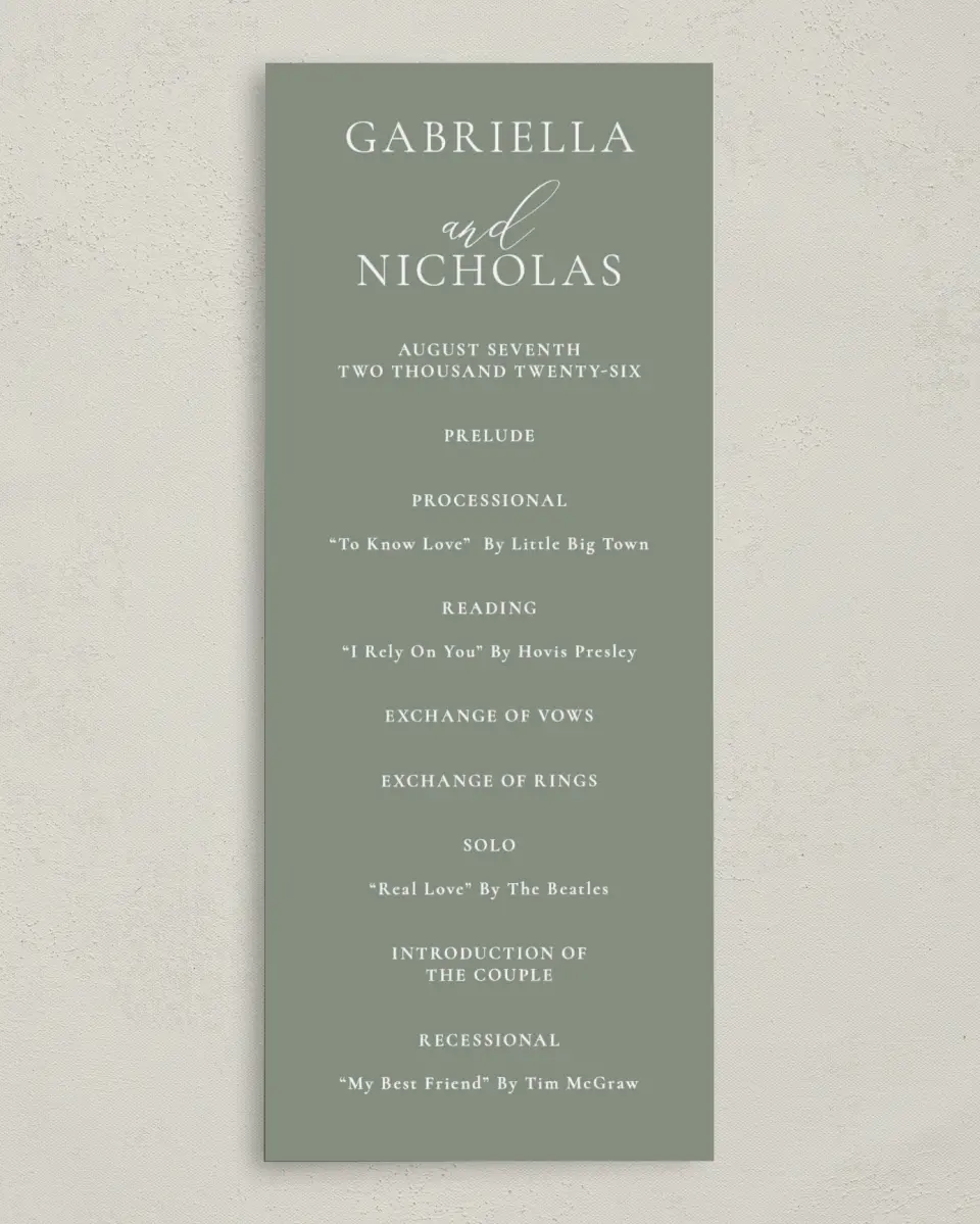 This is a 3⅝" x 8⅞" Tea-length Wedding Program called Minimalist Type printed in full color on Premium Smooth paper