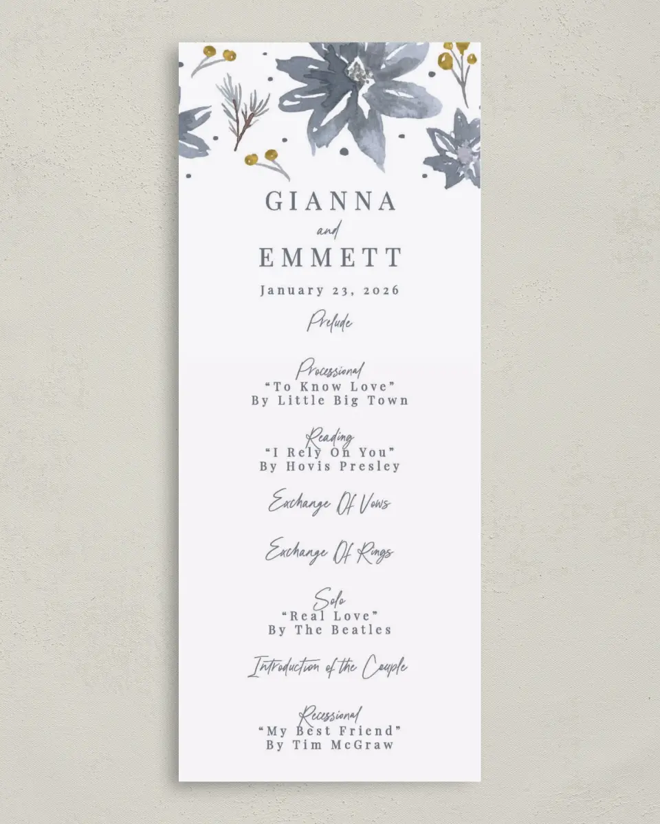 This is a 3⅝" x 8⅞" Tea-length Wedding Program called Winter Floral printed in full color on Premium Smooth paper