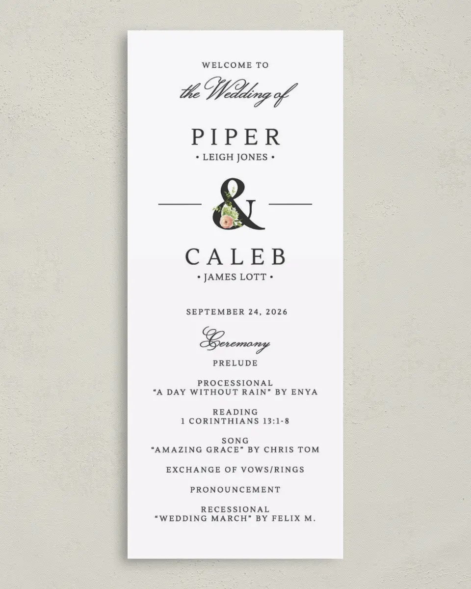 This is a 3⅝" x 8⅞" Tea-length Wedding Program called Elegant Unity printed in full color on Premium Smooth paper