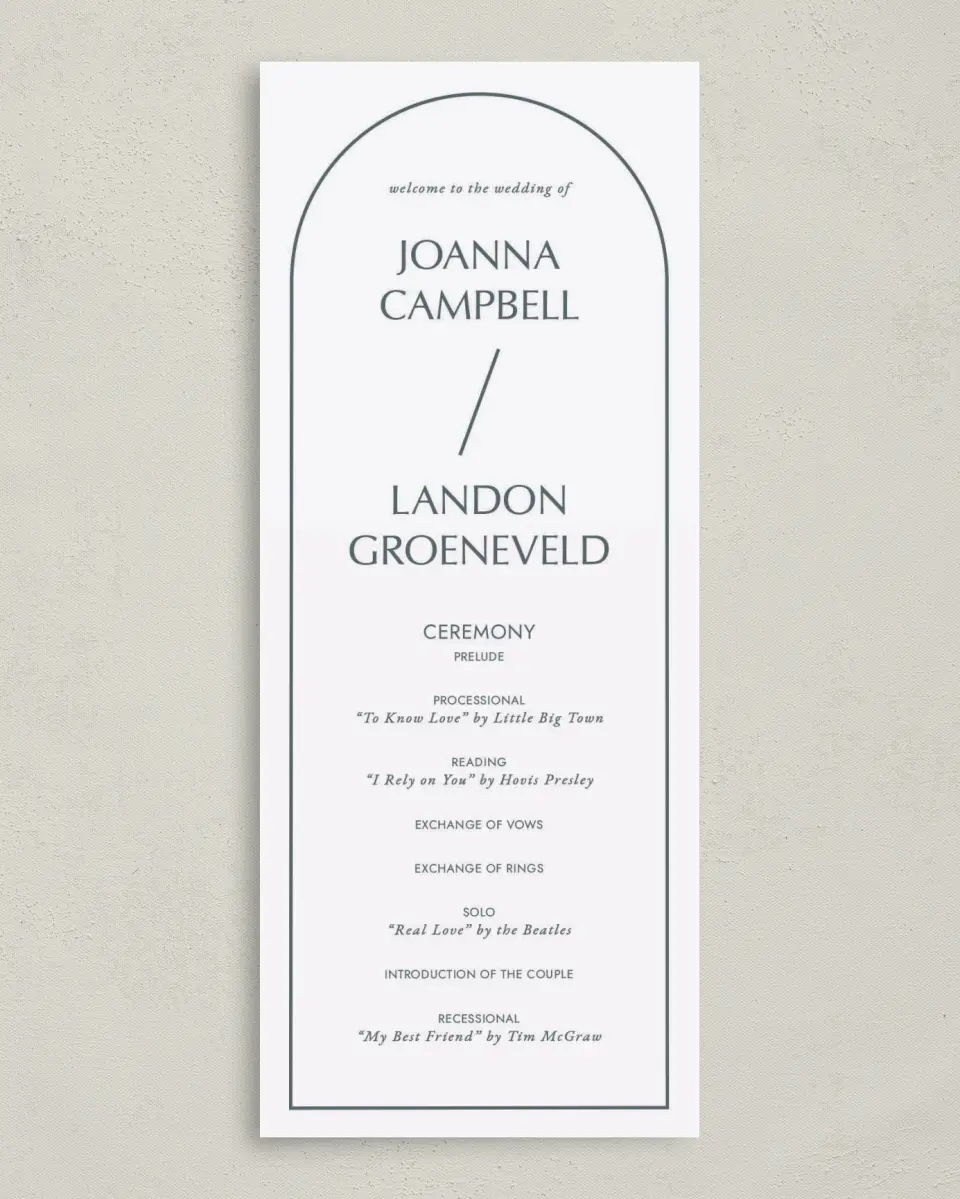 This is a 3⅝" x 8⅞" Tea-length Wedding Program called Mod Shapes printed in full color on Premium Smooth paper