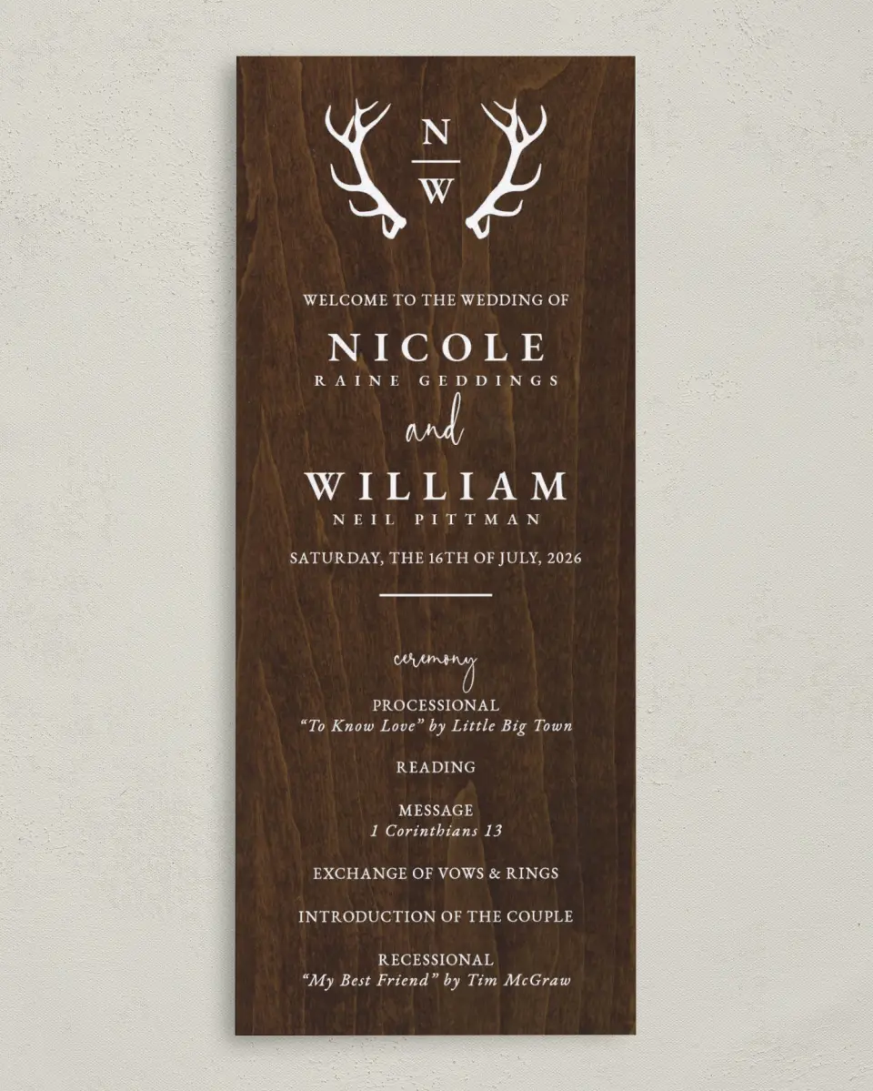 This is a 3⅝" x 8⅞" Tea-length Wedding Program called Rustic Antler printed in full color on Premium Smooth paper