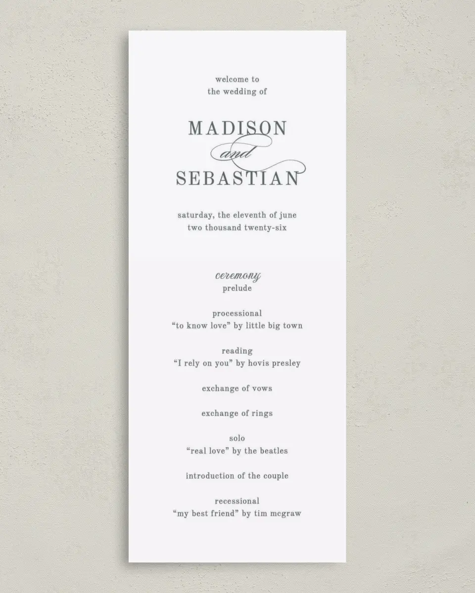 This is a 3⅝" x 8⅞" Tea-length Wedding Program called Bold Blooms printed in full color on Premium Smooth paper